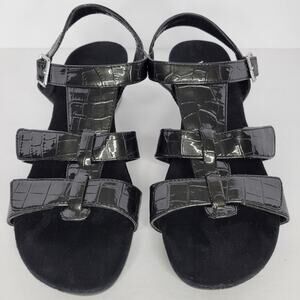 VIONIC Orthaheel Glenda Adjustable T-Strap Faux Croc Black Wedge Sandals sz 8